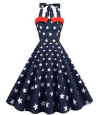 Navy Blue & White Star Print Halter Swing Dress