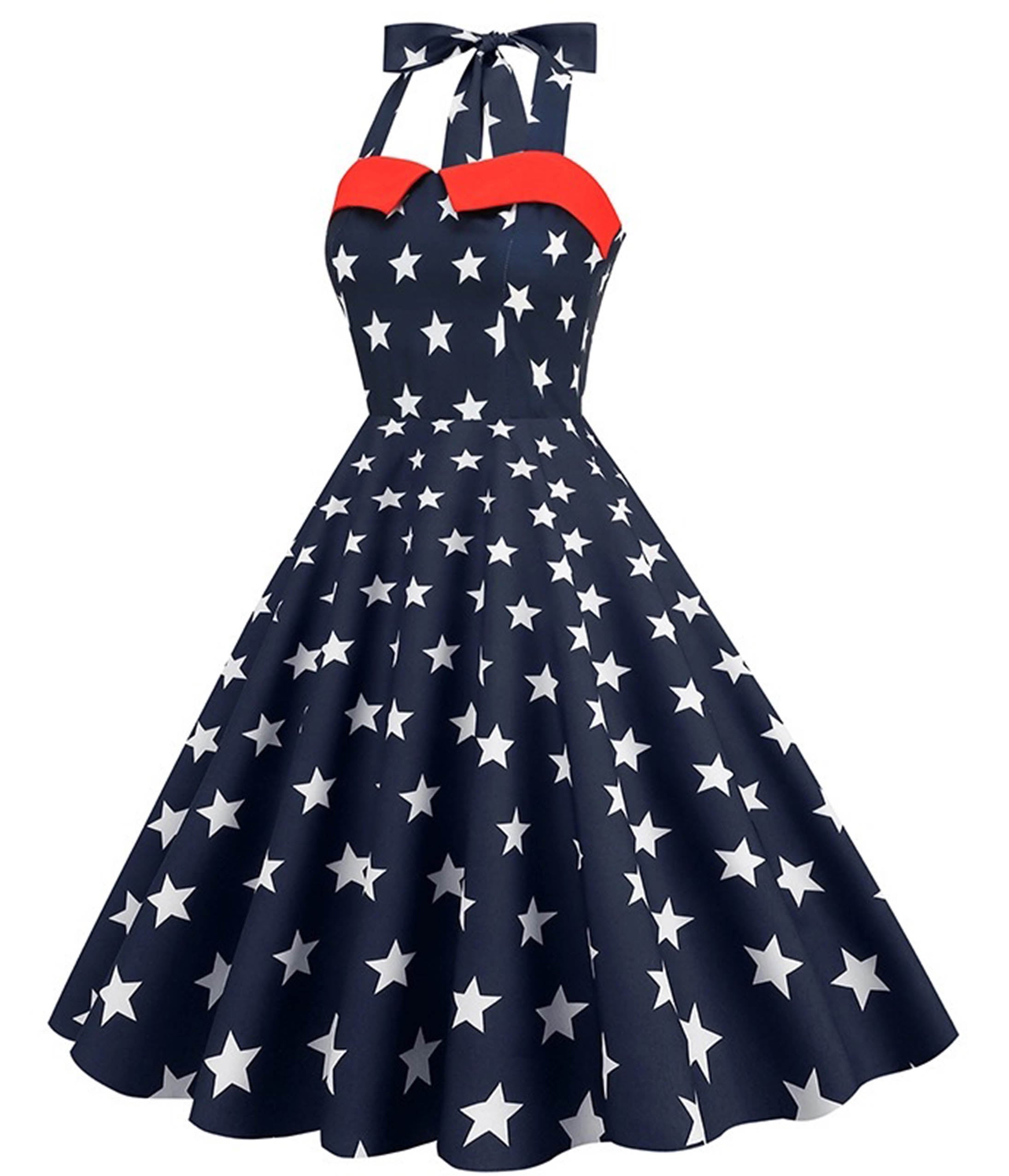 Navy Blue & White Star Print Halter Swing Dress