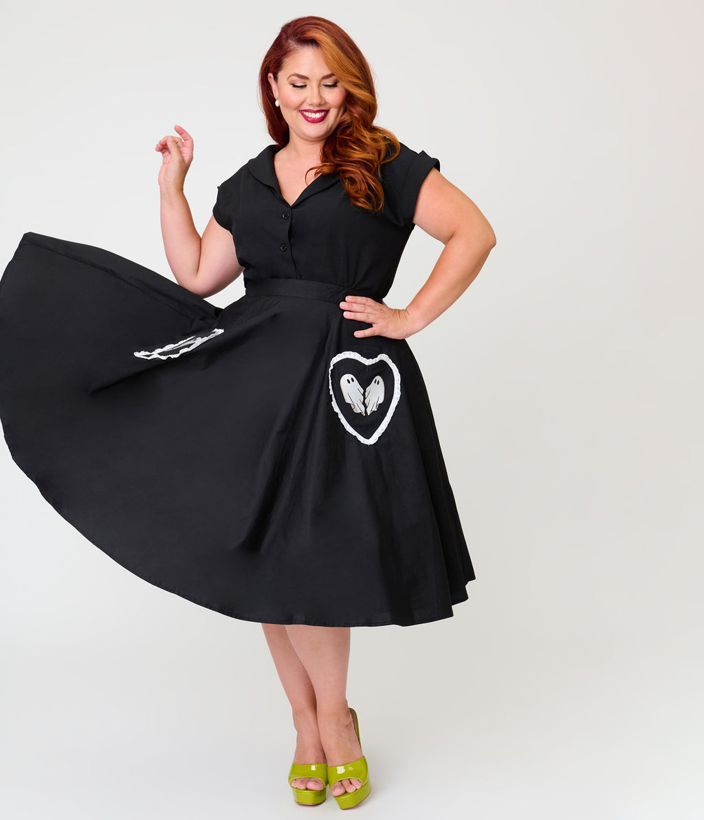 Beetlejuice x Unique Vintage Plus Size Black Ghost Heart Pockets Sally Swing Skirt