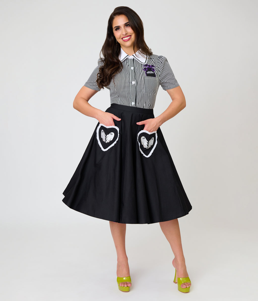 Beetlejuice x Unique Vintage Black Ghost Heart Pockets Sally Swing Skirt
