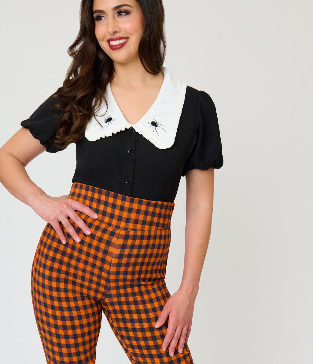 Unique Vintage Orange Gingham High Waist Rizzo Cigarette Pants