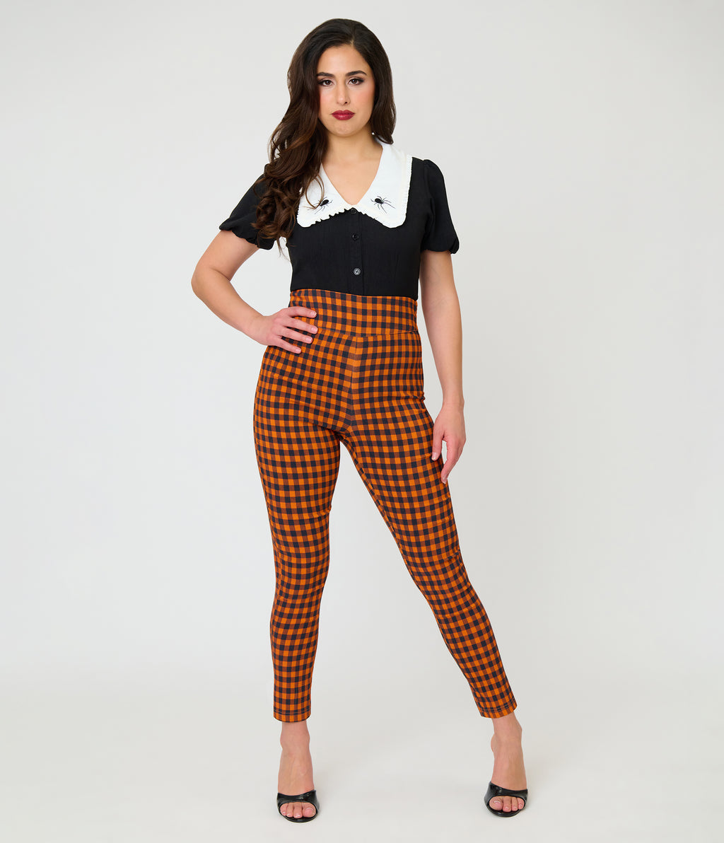 Unique Vintage Orange Gingham High Waist Rizzo Cigarette Pants