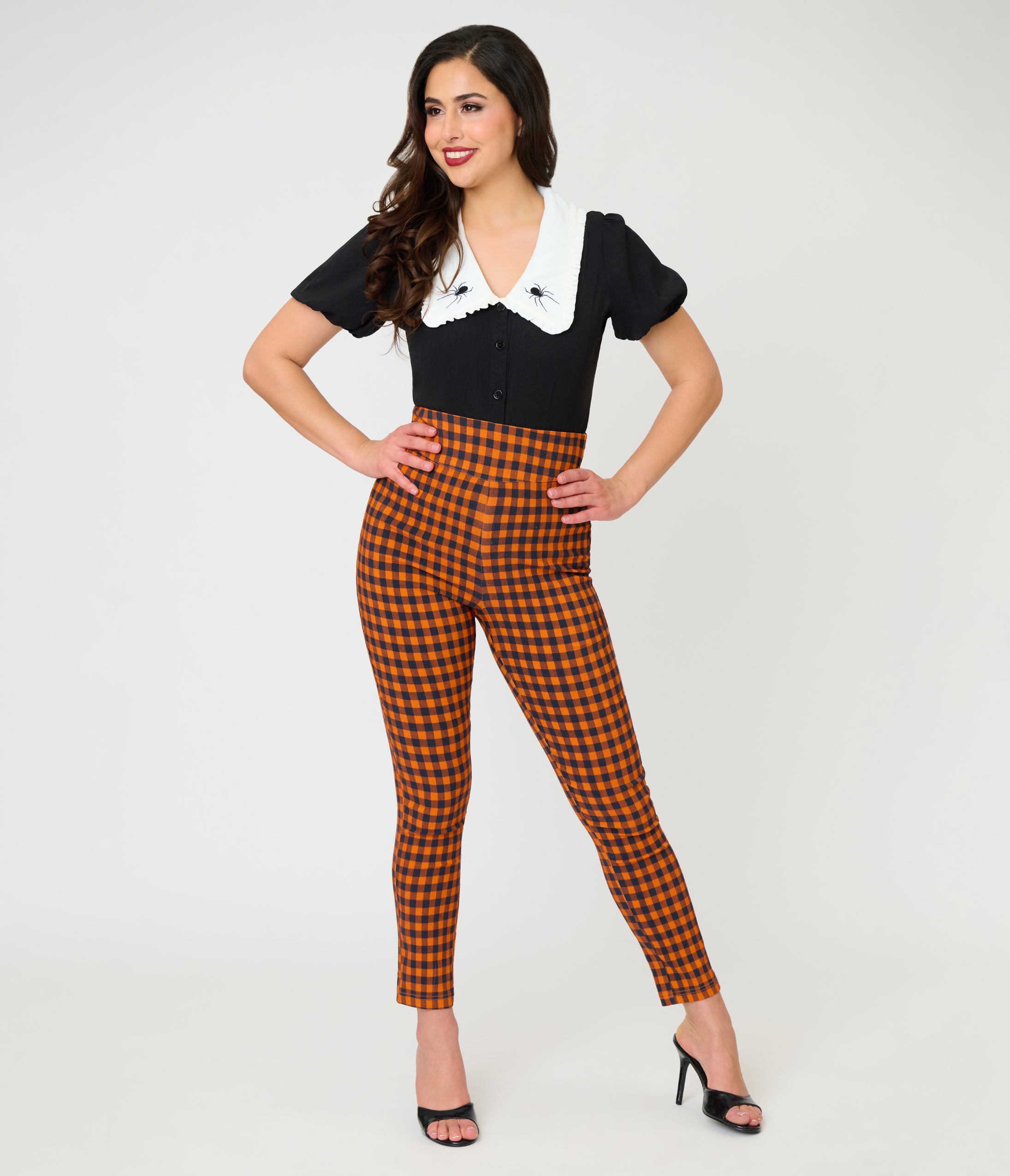 Unique Vintage Orange Gingham High Waist Rizzo Cigarette Pants