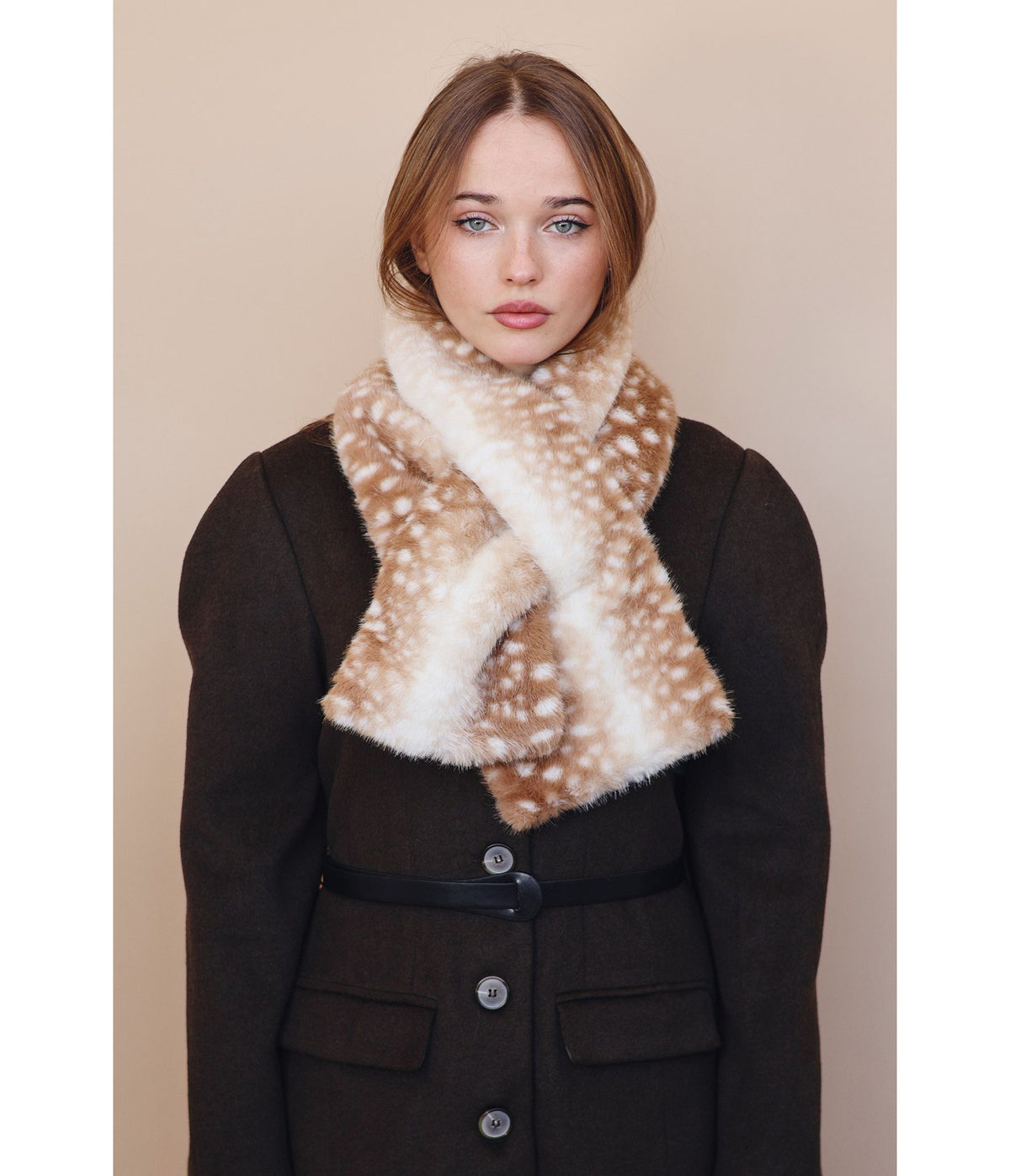 Brown & Cream Fawn Print Faux Fur Scarf