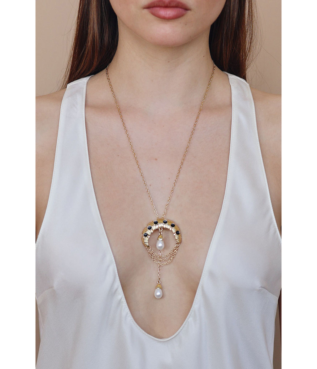 Gold Moon & Drop Faux Pearl Pendant Necklace
