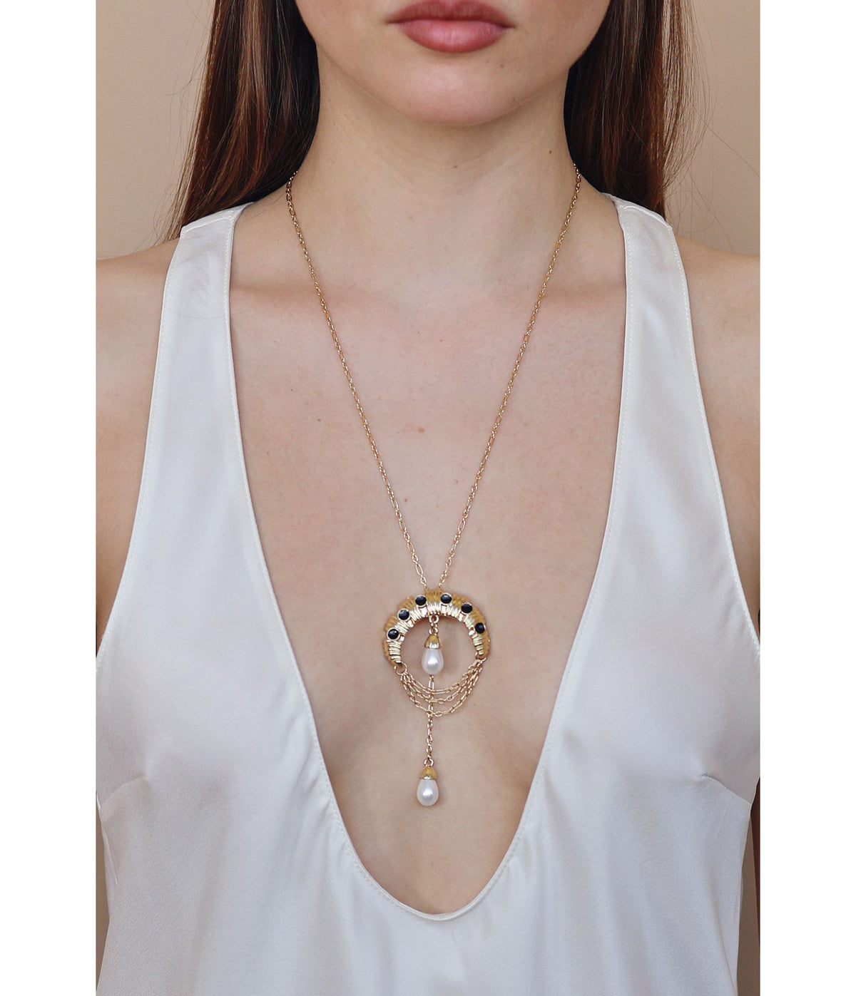 Gold Moon & Drop Faux Pearl Pendant Necklace