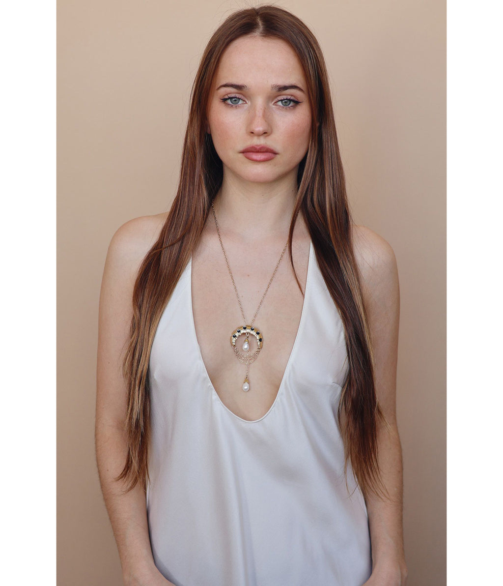 Gold Moon & Drop Faux Pearl Pendant Necklace