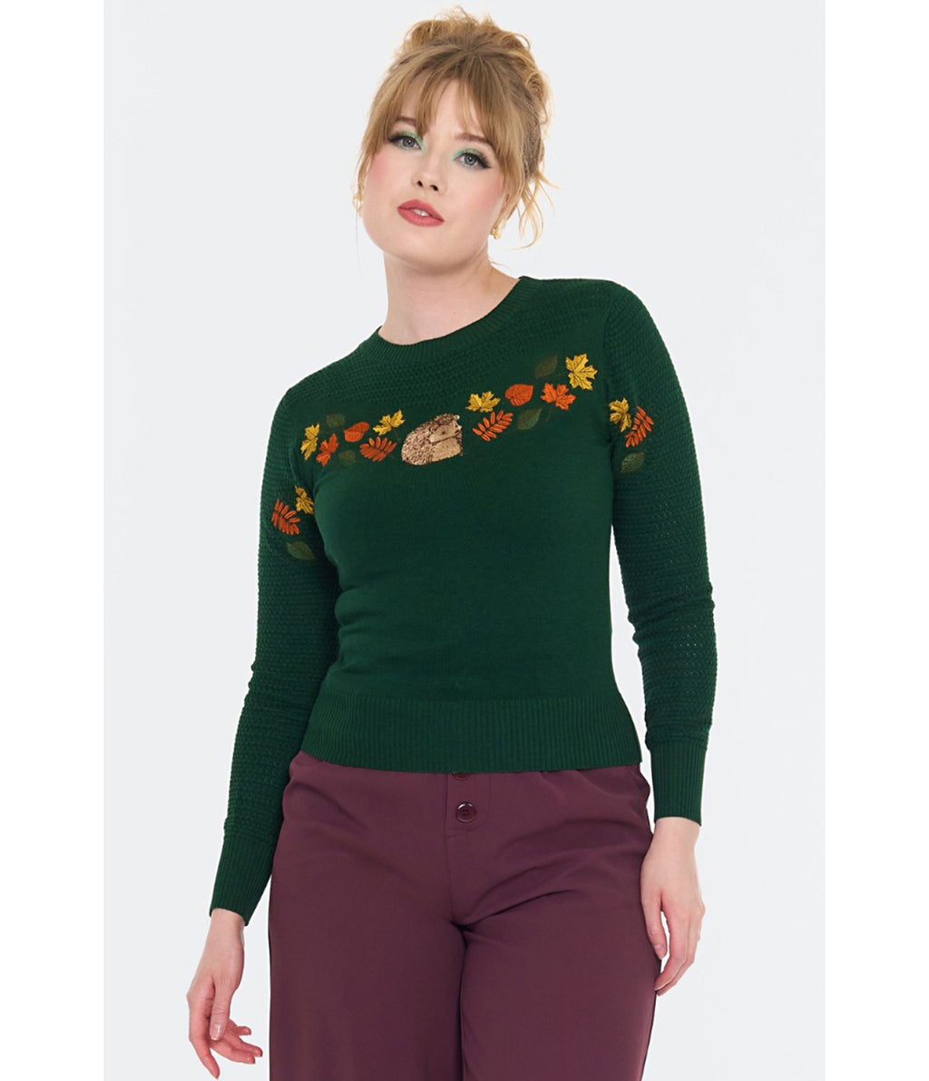 Voodoo Vixen Green Woodland Hedgehog Embroidered Sweater