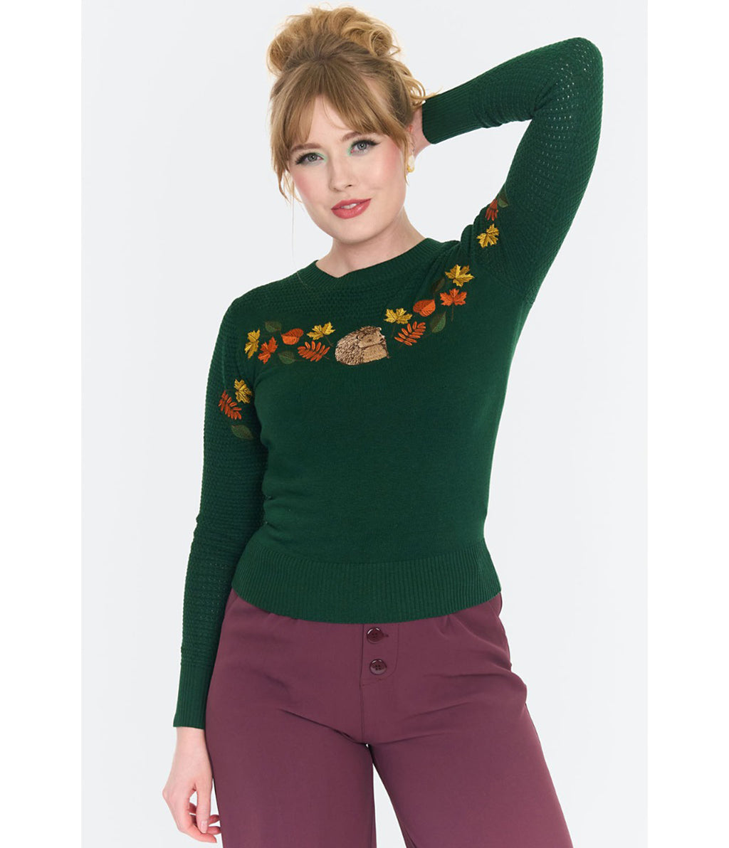 Voodoo Vixen Green Woodland Hedgehog Embroidered Sweater