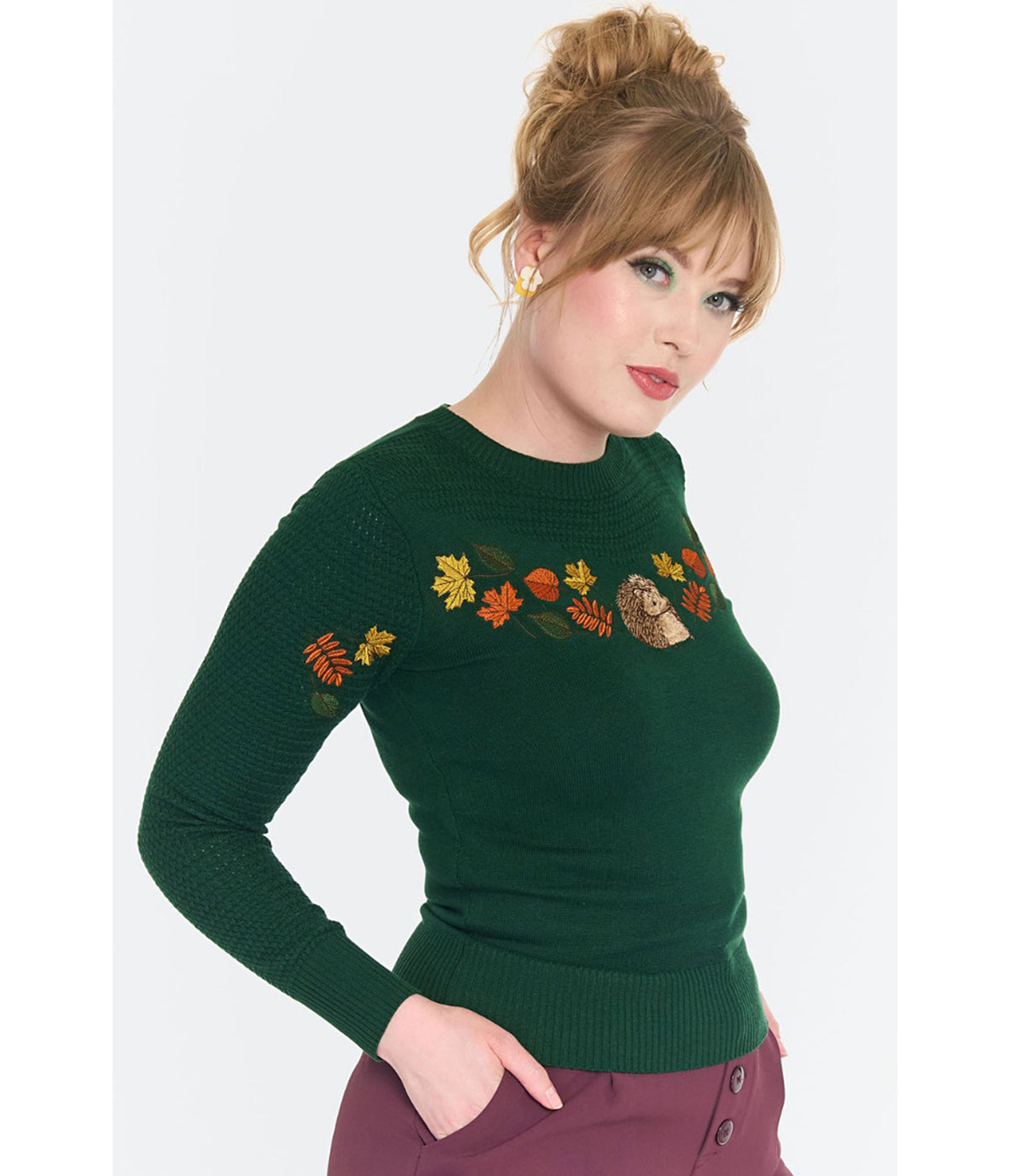 Voodoo Vixen Green Woodland Hedgehog Embroidered Sweater