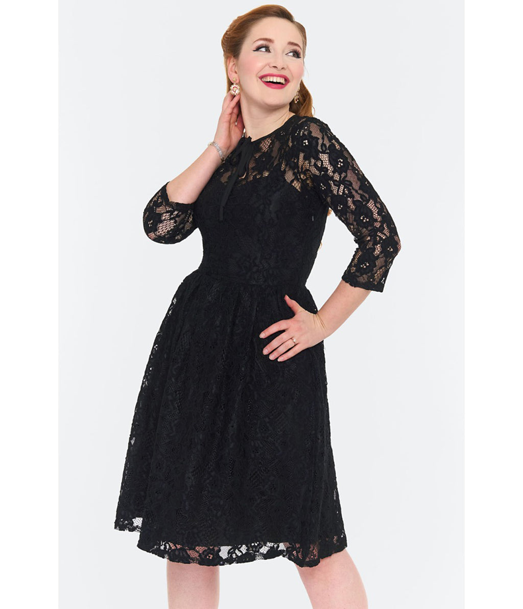 Voodoo Vixen Black Lace 1950s Keyhole Swing Dress