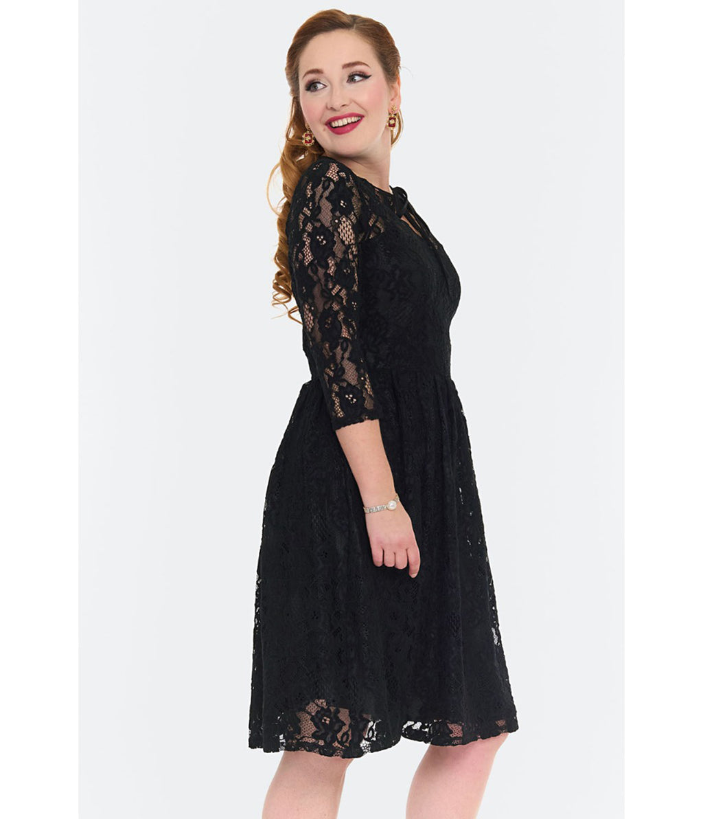 Voodoo Vixen Black Lace 1950s Keyhole Swing Dress