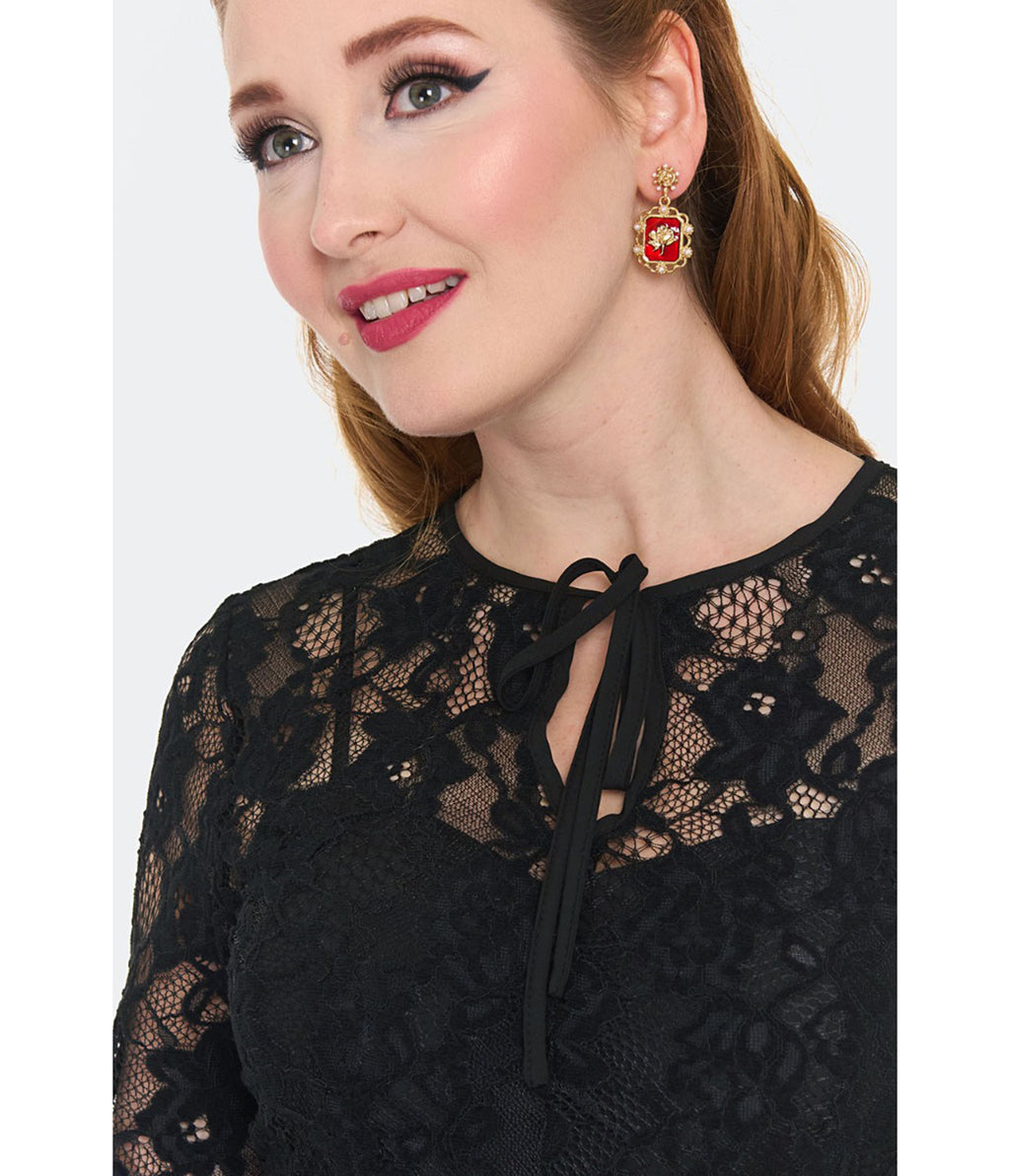 Voodoo Vixen Black Lace 1950s Keyhole Swing Dress