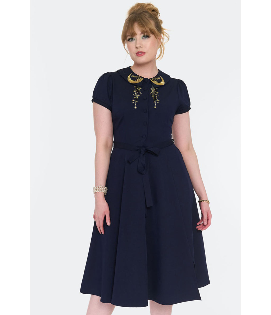 Voodoo Vixen Navy Celestial Embroidered Cotton Short Sleeve Midi Dress
