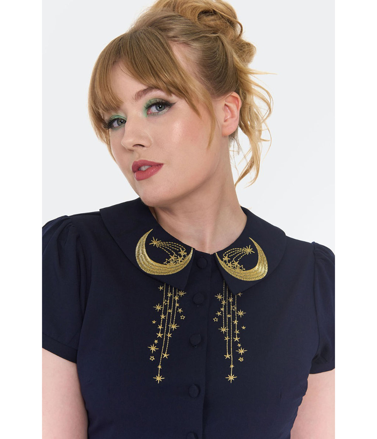Voodoo Vixen Navy Celestial Embroidered Cotton Short Sleeve Midi Dress