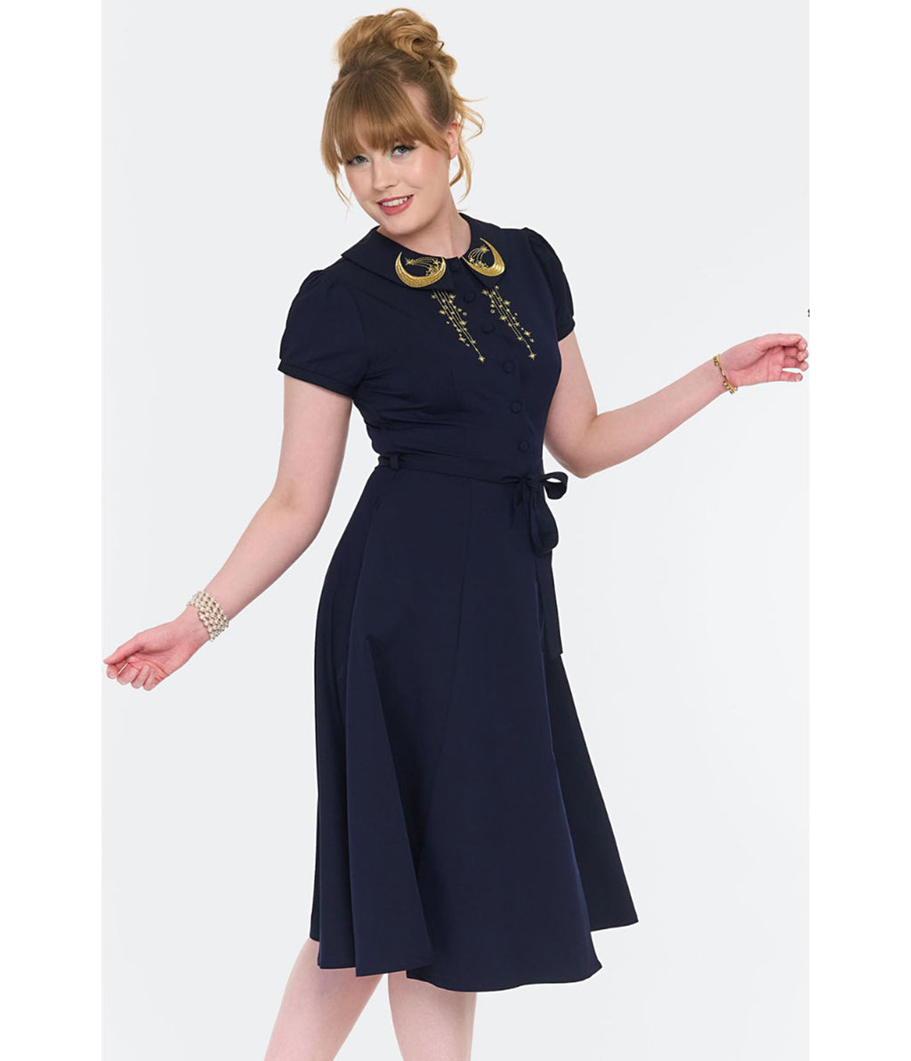 Voodoo Vixen Navy Celestial Embroidered Cotton Short Sleeve Midi Dress