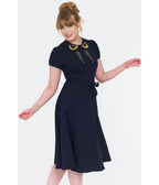 Voodoo Vixen Navy Celestial Embroidered Cotton Short Sleeve Midi Dress