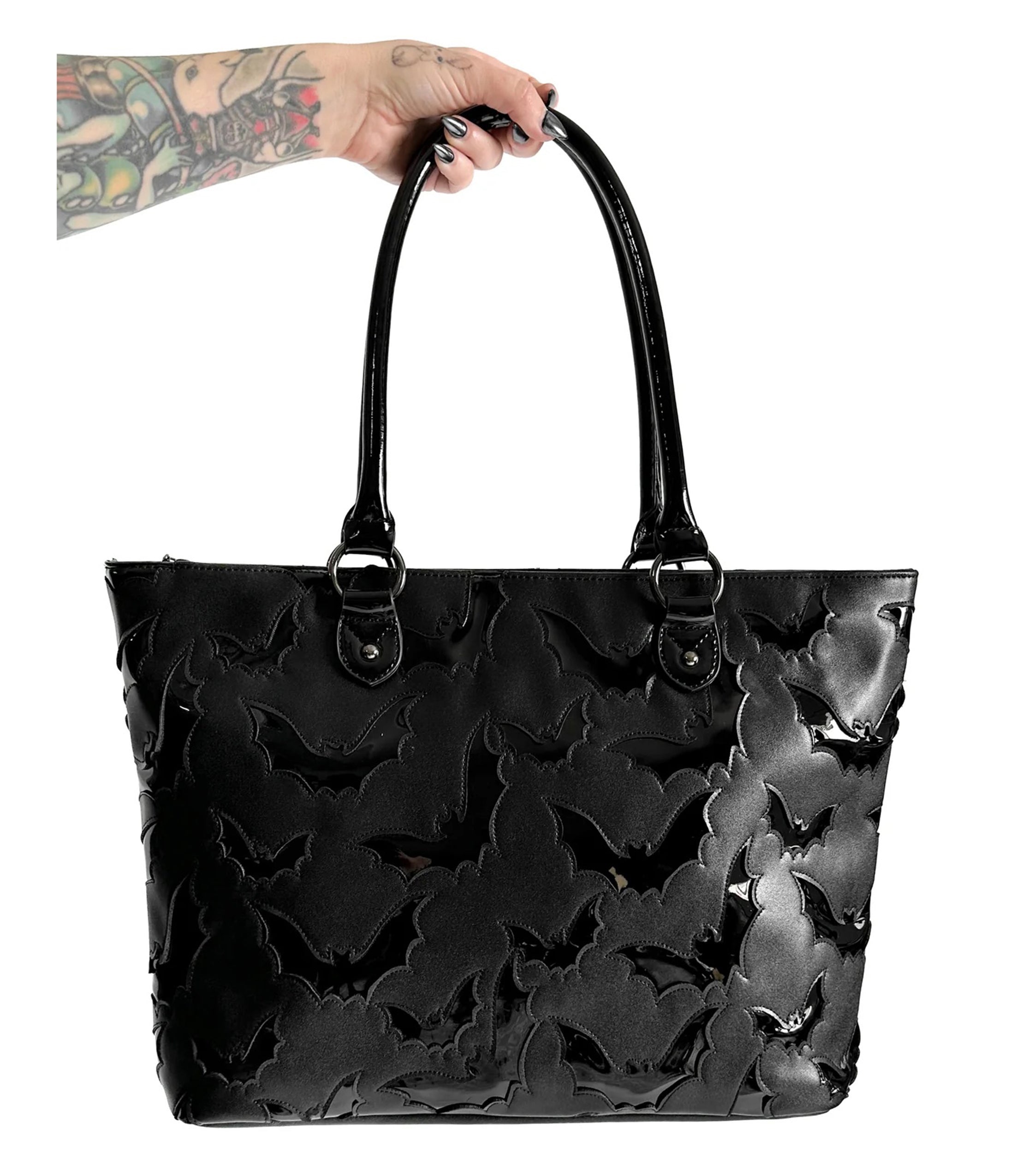 Foxblood Black Leatherette Bat Motif Tote Bag