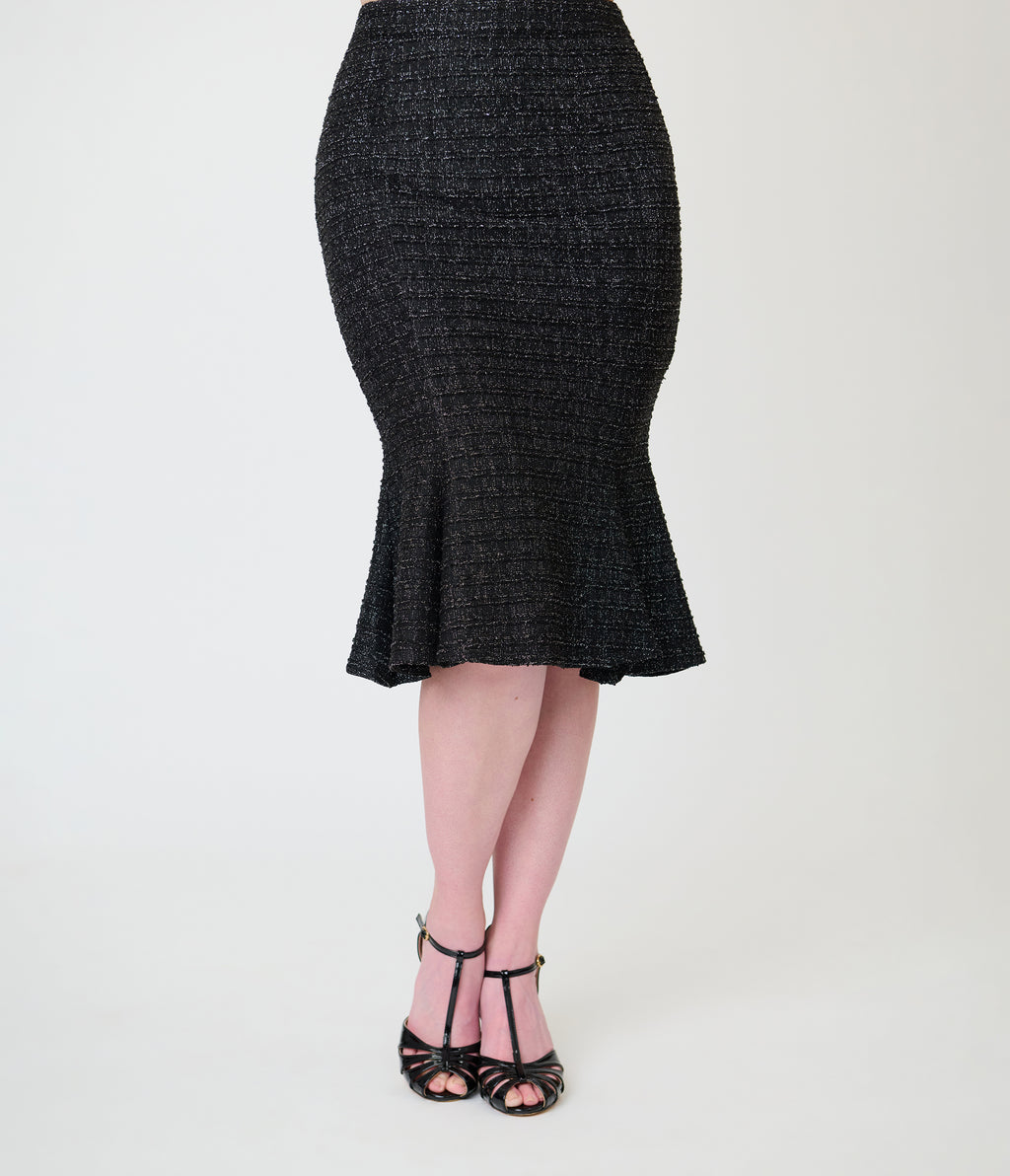 Unique Vintage Black Plaid Trumpet Skirt