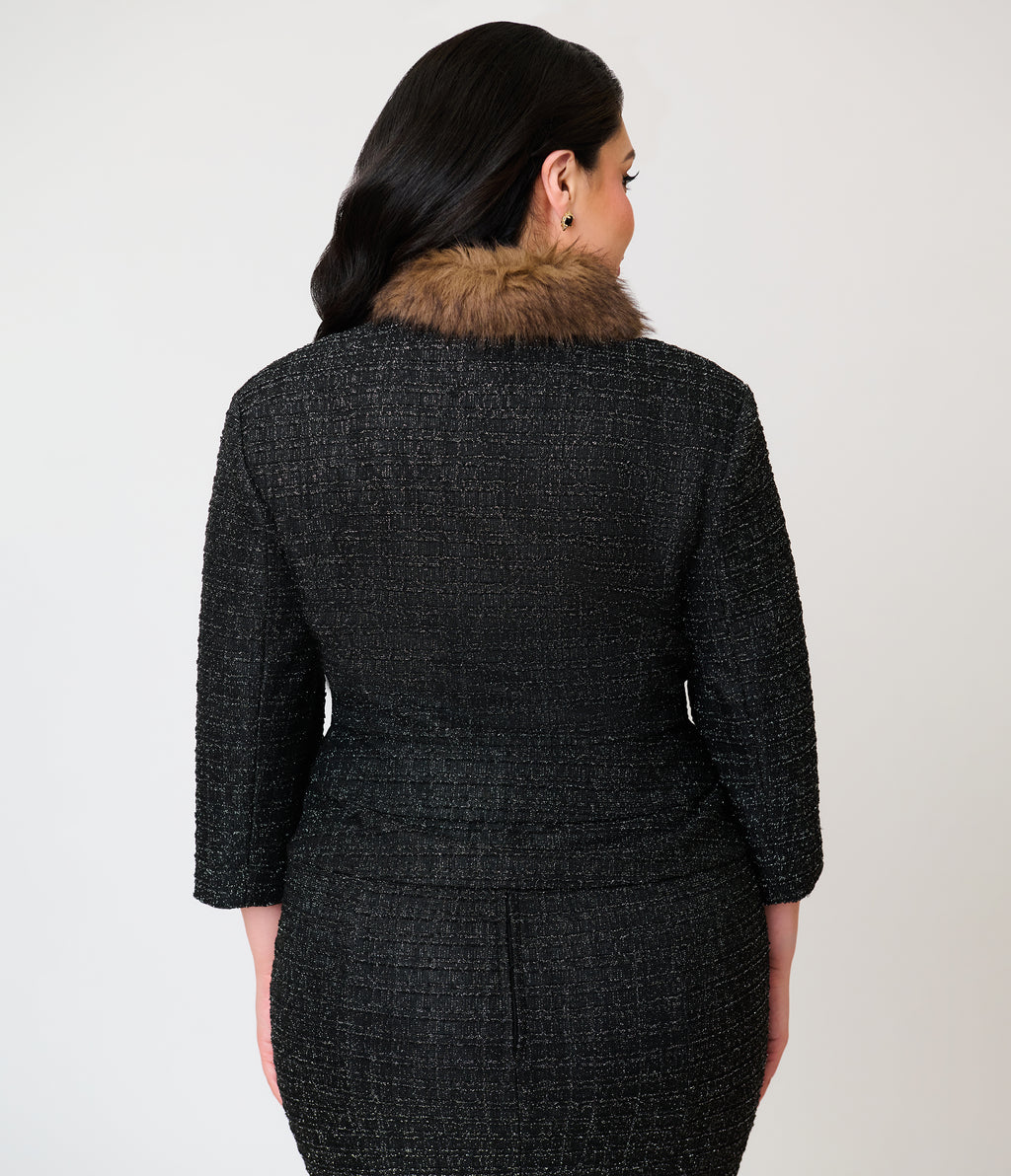 Unique Vintage Plus Size Black Plaid & Brown Faux Fur Collar Peplum Jacket