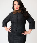 Unique Vintage Plus Size Black Plaid & Brown Faux Fur Collar Peplum Jacket
