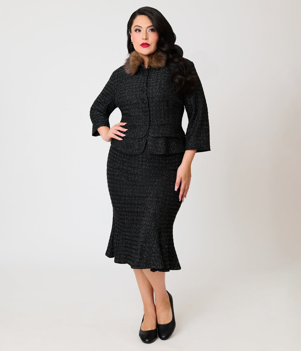 Unique Vintage Plus Size Black Plaid & Brown Faux Fur Collar Peplum Jacket