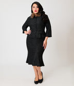Unique Vintage Plus Size Black Plaid & Brown Faux Fur Collar Peplum Jacket