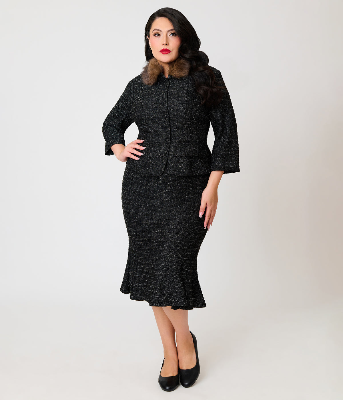 Unique Vintage Plus Size Black Plaid & Brown Faux Fur Collar Peplum Jacket