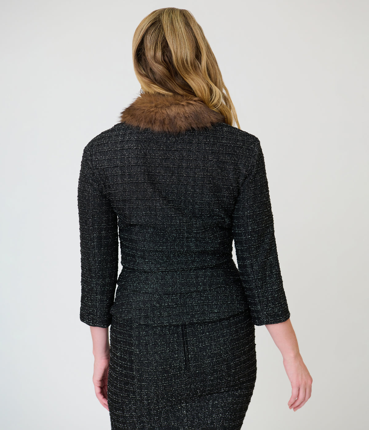 Unique Vintage Black Plaid & Brown Faux Fur Collar Peplum Jacket