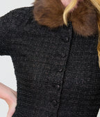 Unique Vintage Black Plaid & Brown Faux Fur Collar Peplum Jacket