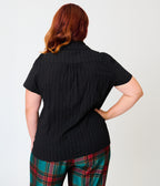 Unique Vintage Plus Size Black Swiss Dot Notched Collar Blouse