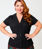 Unique Vintage Plus Size Black Swiss Dot Notched Collar Blouse