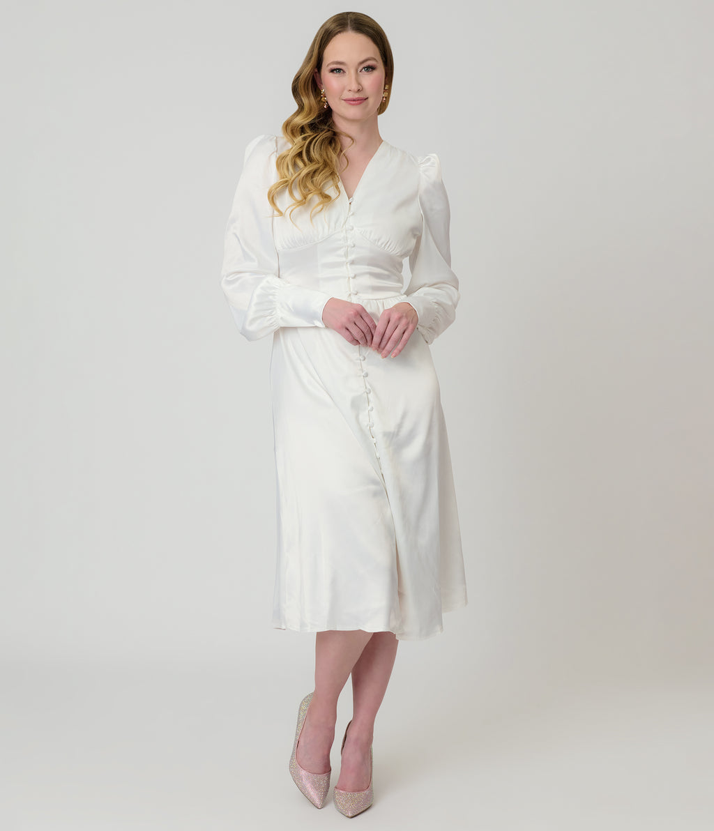 Ivory Button Front Satin Midi Dress