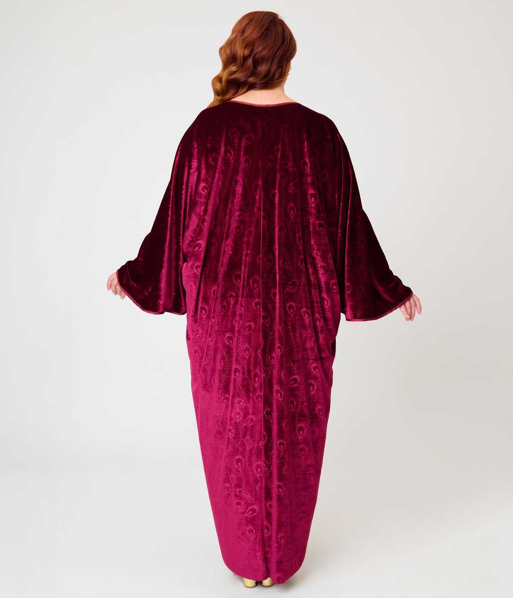 Unique Vintage Plus Size Burgundy Velvet Long Kimono