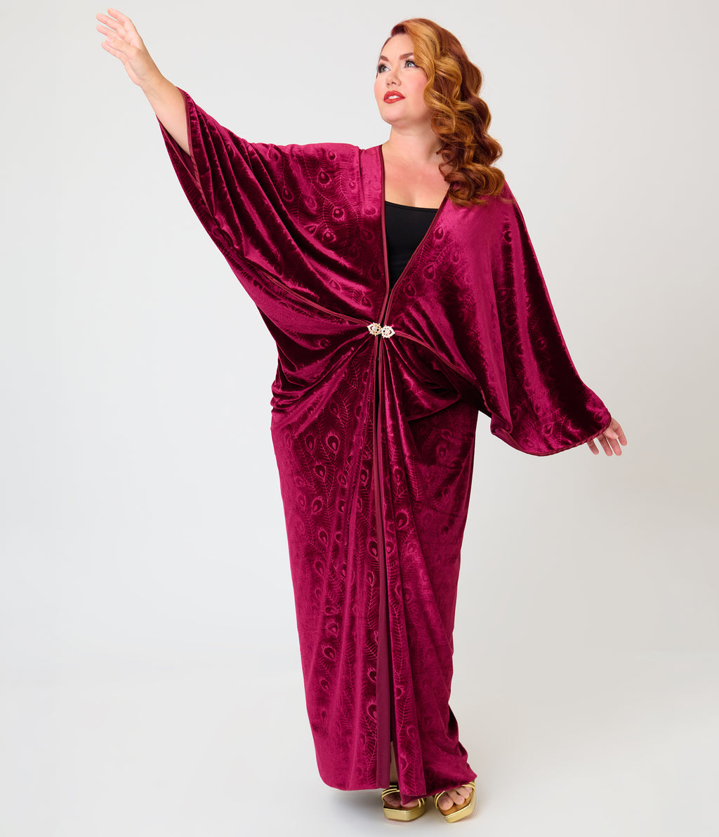 Unique Vintage Plus Size Burgundy Velvet Long Kimono