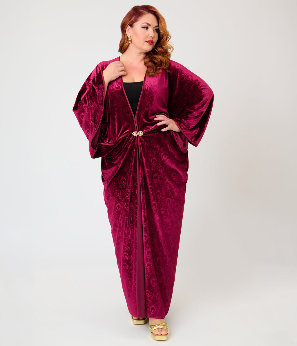 Unique Vintage Plus Size Burgundy Velvet Long Kimono