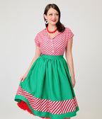 Unique Vintage Green & Candy Cane Stripe Border Gellar Swing Skirt