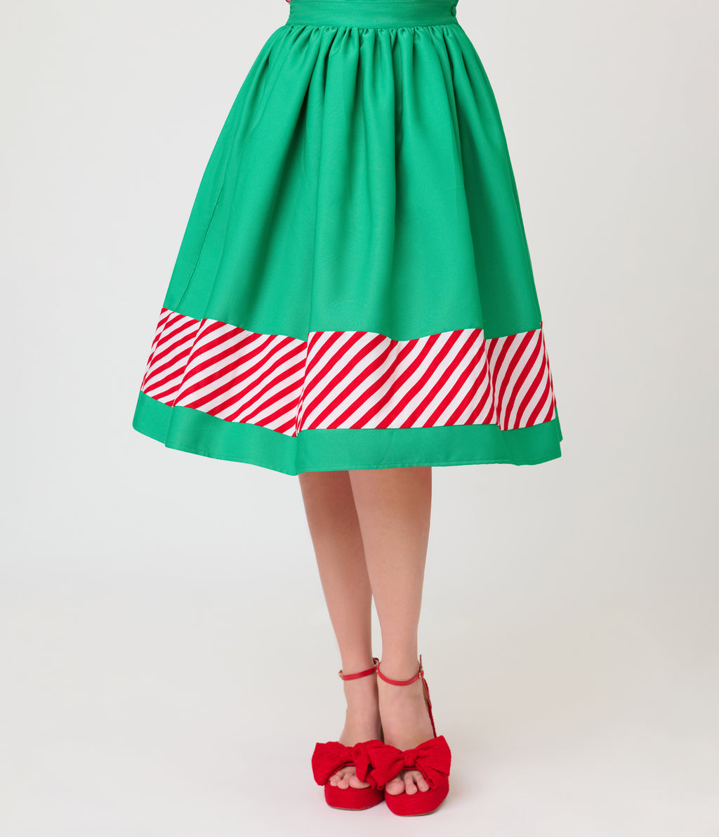 Unique Vintage Green & Candy Cane Stripe Border Gellar Swing Skirt