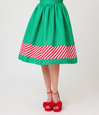 Unique Vintage Green & Candy Cane Stripe Border Gellar Swing Skirt