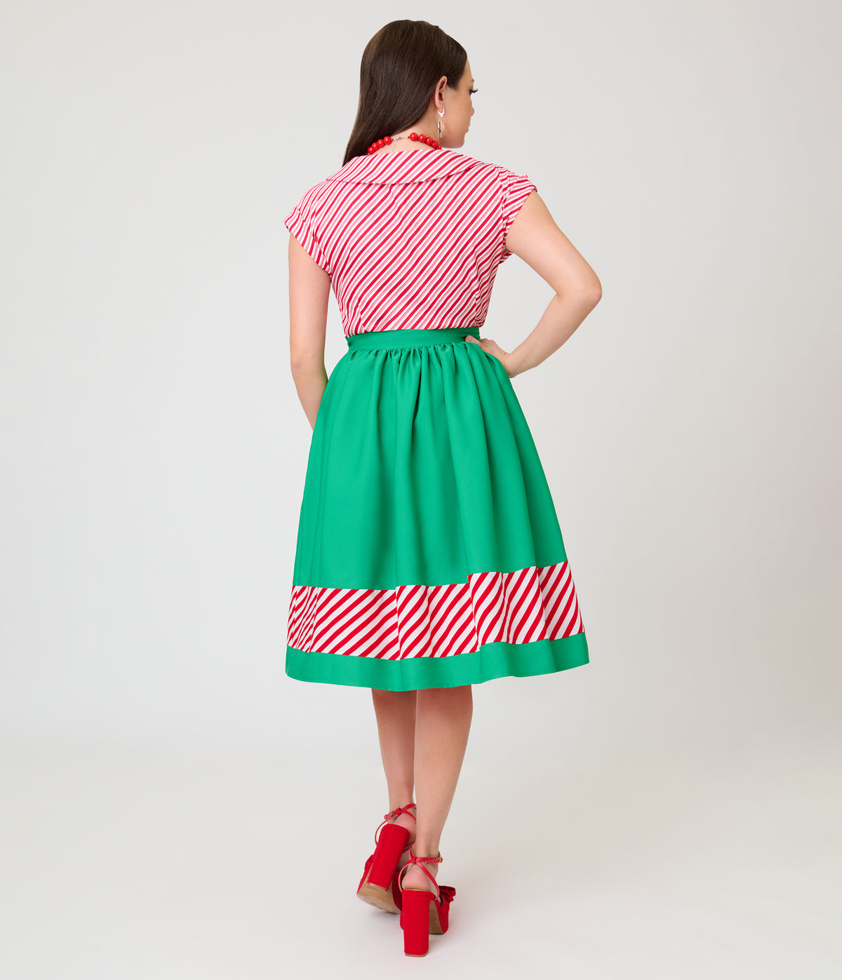 Unique Vintage Green & Candy Cane Stripe Border Gellar Swing Skirt