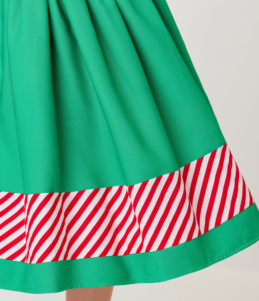 Unique Vintage Green & Candy Cane Stripe Border Gellar Swing Skirt