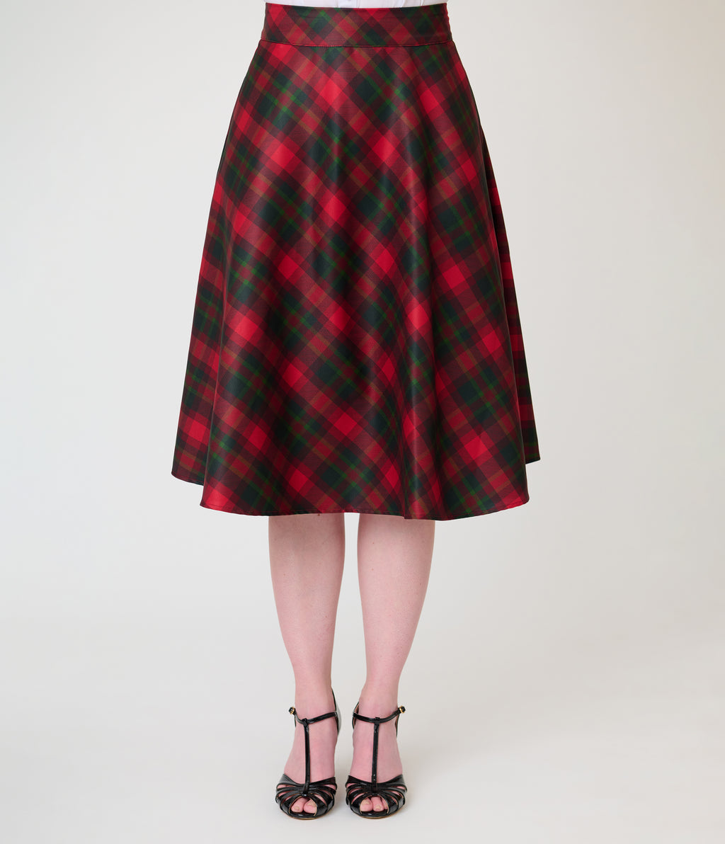 Unique Vintage Red & Green Christmas Plaid Vivien Swing Skirt