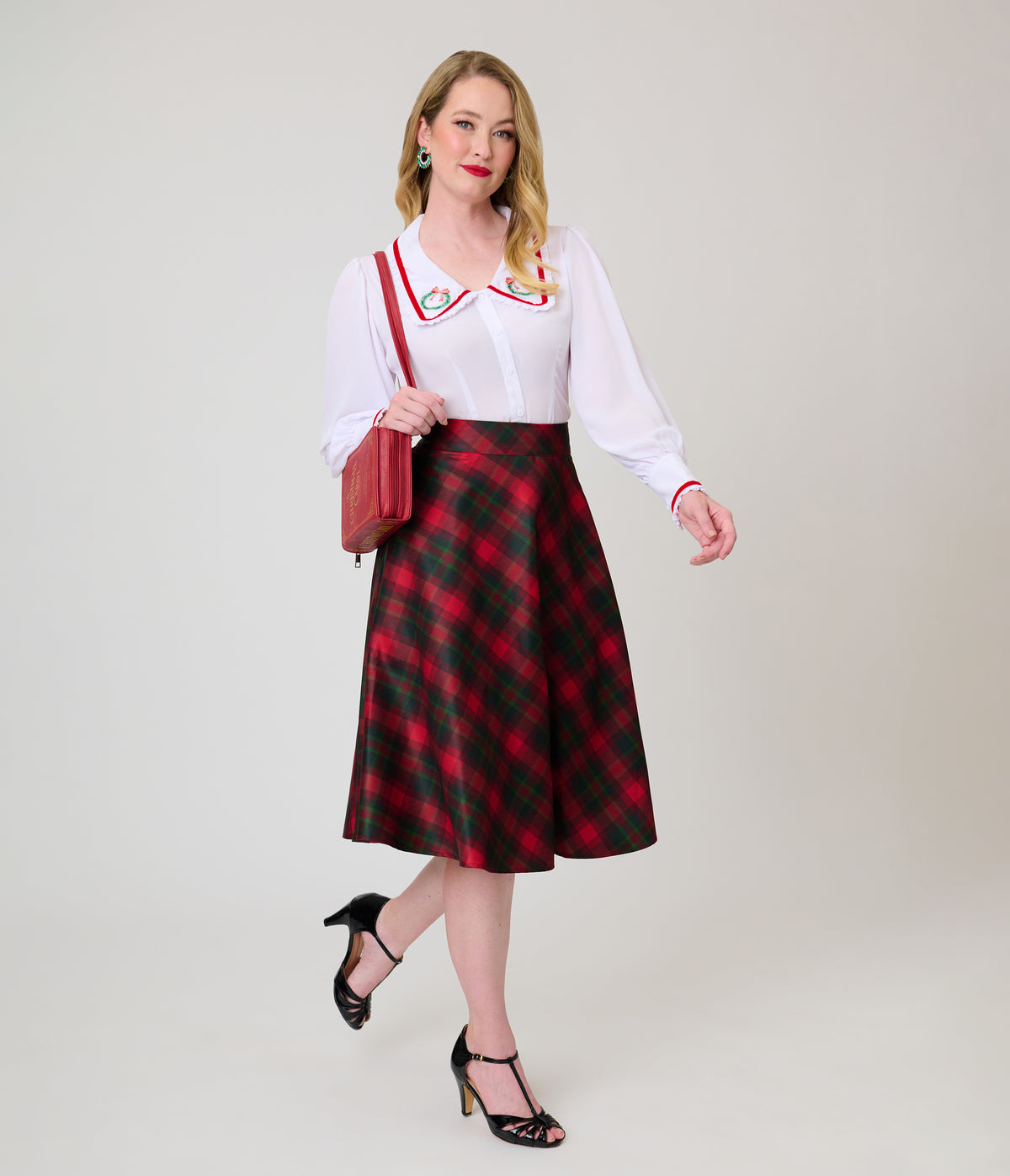 Unique Vintage Red & Green Christmas Plaid Vivien Swing Skirt