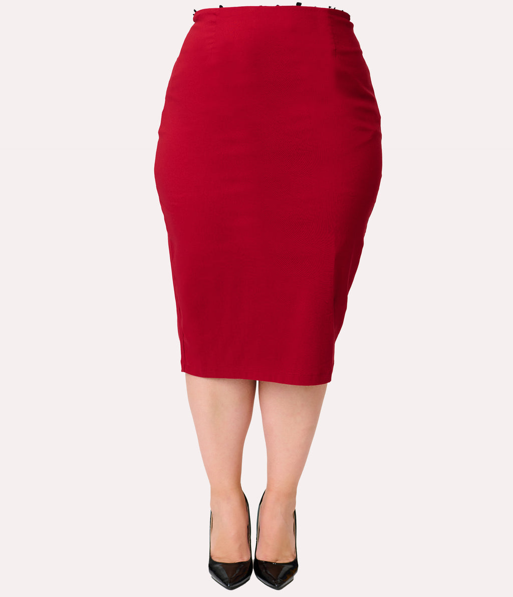 Unique Vintage Plus Size Burgundy Button Pencil Skirt