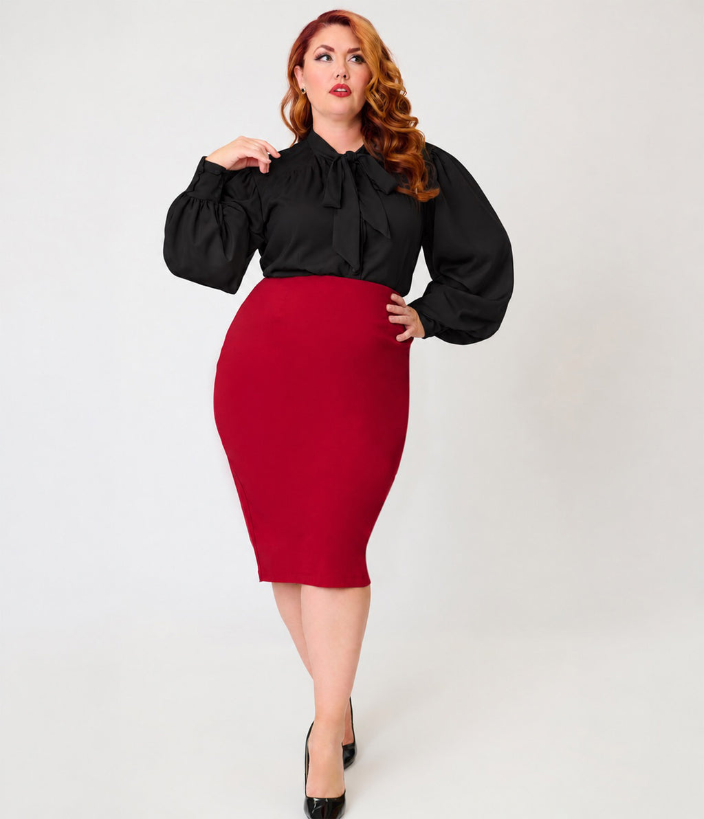 Unique Vintage Plus Size Burgundy Button Pencil Skirt