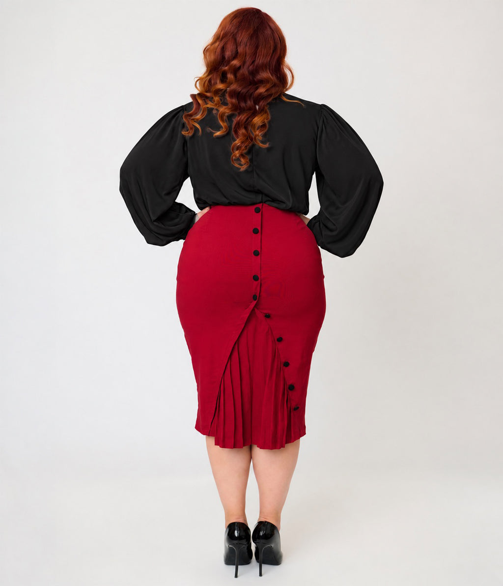 Unique Vintage Plus Size Burgundy Button Pencil Skirt