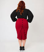 Unique Vintage Plus Size Burgundy Button Pencil Skirt