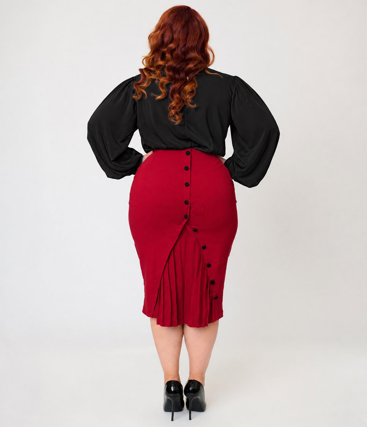 Unique Vintage Plus Size Burgundy Button Pencil Skirt