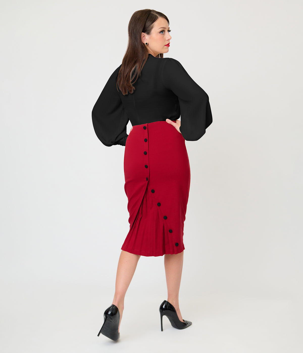 Unique Vintage Burgundy Button Pencil Skirt