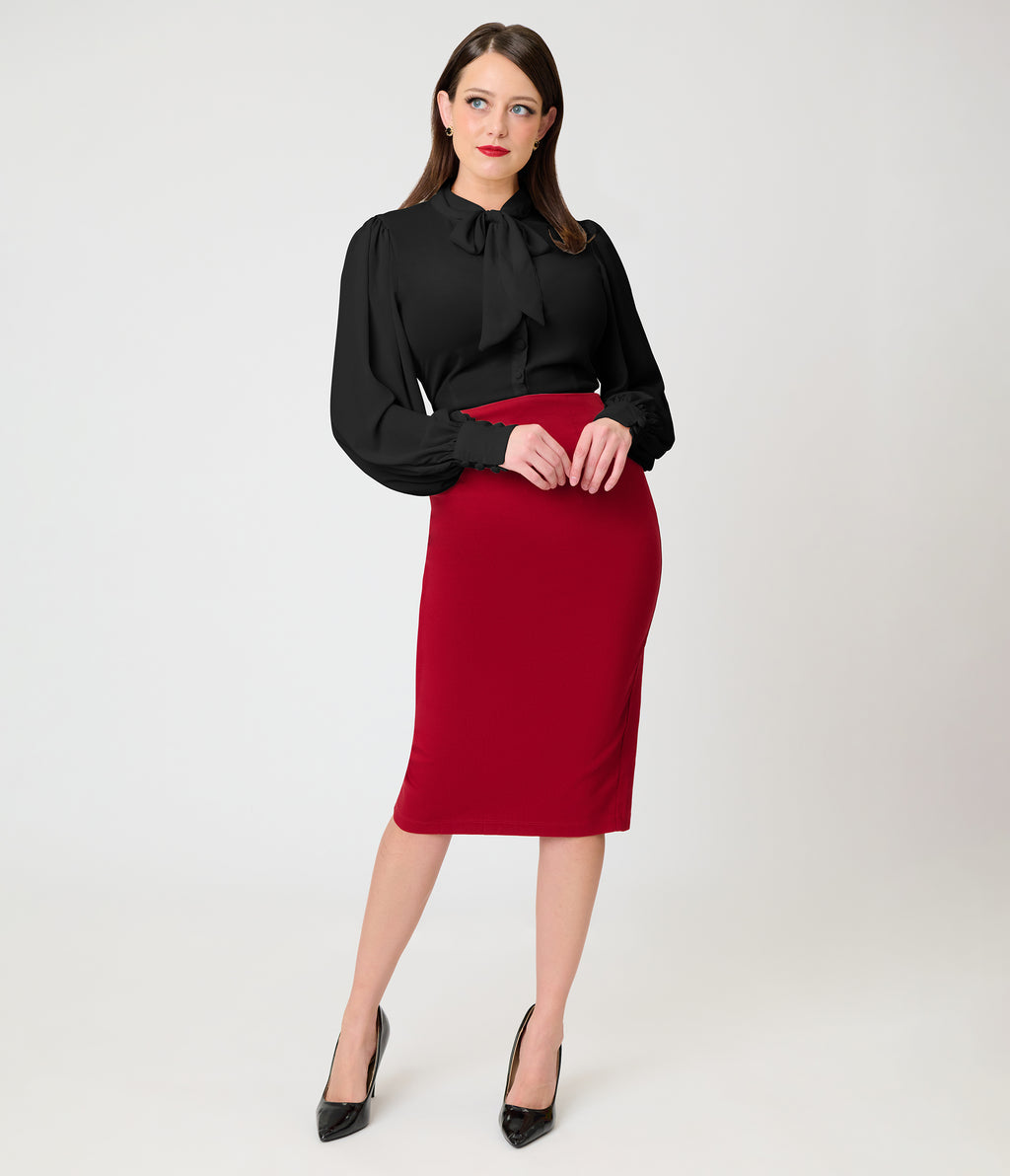 Unique Vintage Burgundy Button Pencil Skirt